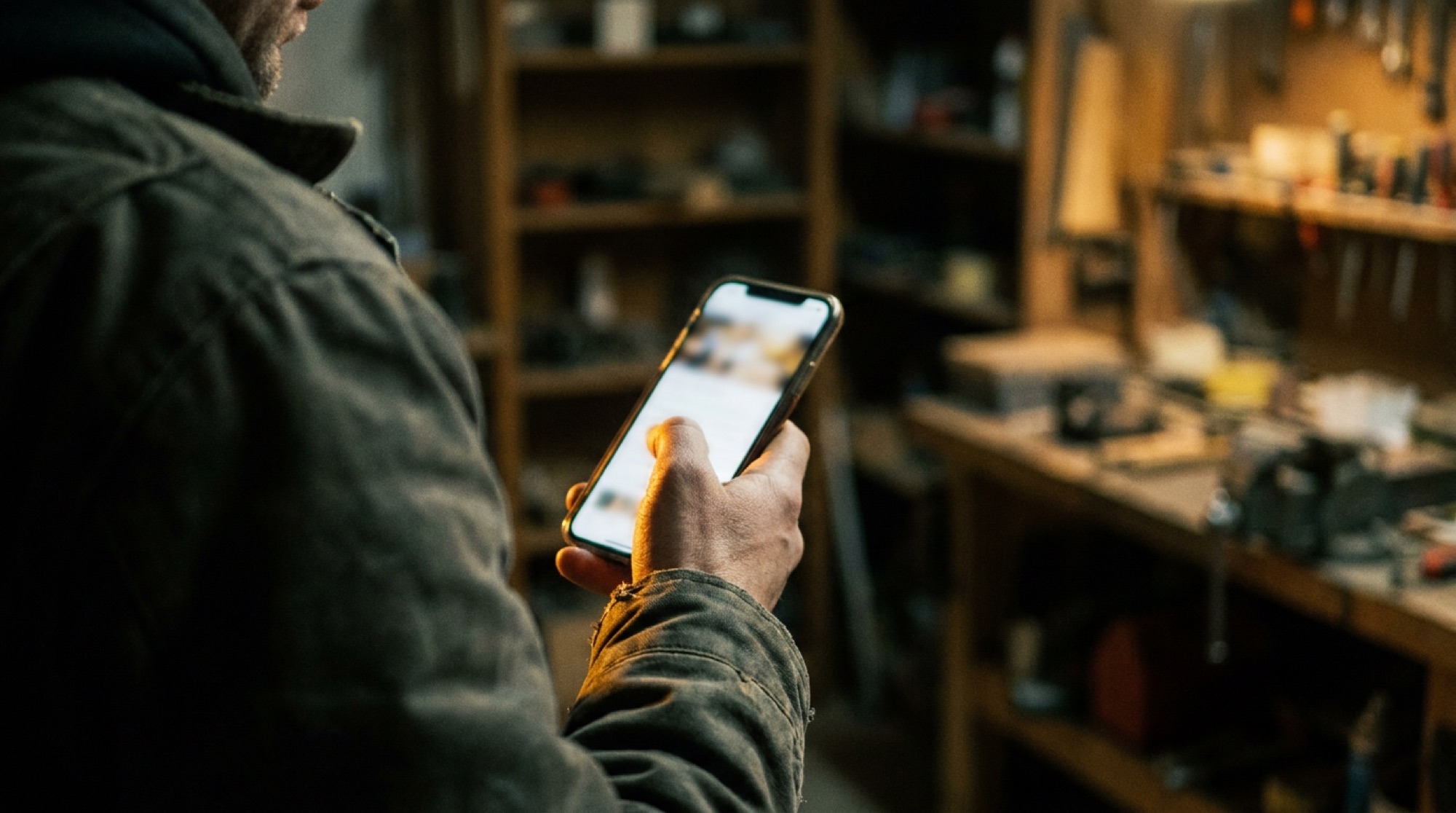 A hand holding a phone in warm light